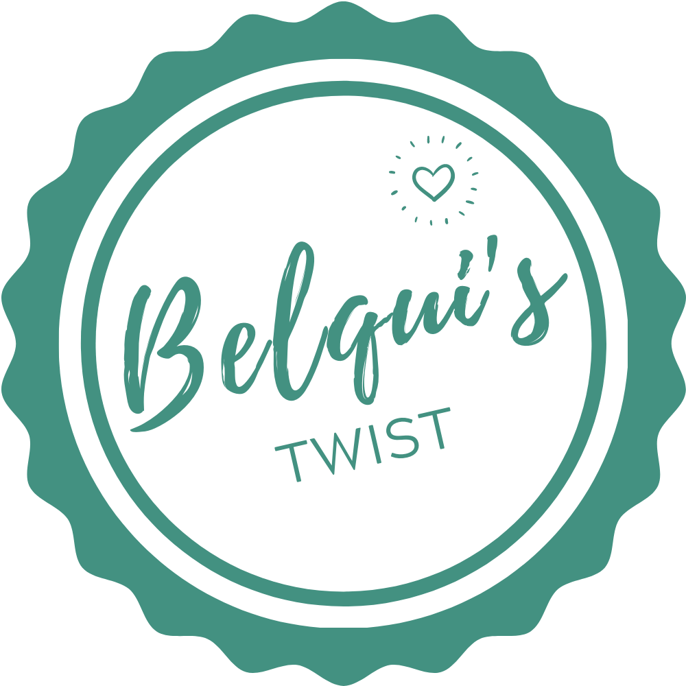 A green, circular emblem with a scalloped edge features the text "Belqui's Twist" in the center. There's a small heart and a few lines radiating from it near the top right inside the circle.