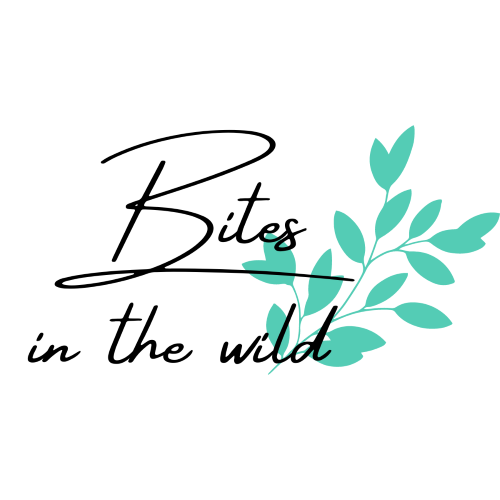 Bites in the wild" is written in elegant black script on a white background, with a stylized turquoise branch with leaves on the right side.