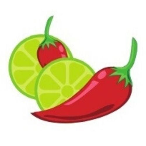 Illustration of two red chili peppers and two slices of lime with green rinds. The chili peppers have green stems, and the lime slices are positioned overlapping in the background. The image suggests a fresh, spicy, and citrusy flavor combination.