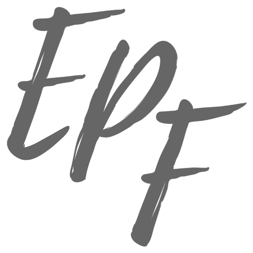 The image shows the gray, handwritten-style letters "EPF" overlapping each other on a white background.