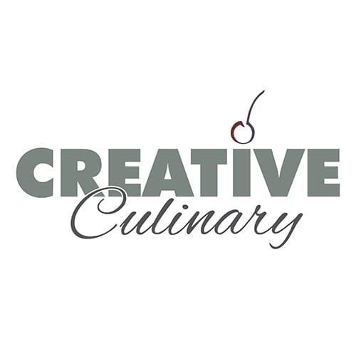 The image displays the logo for "Creative Culinary." The word "Creative" is written in large block letters, while "Culinary" is in a script font below. A cherry design with a curving stem is incorporated into the logo.