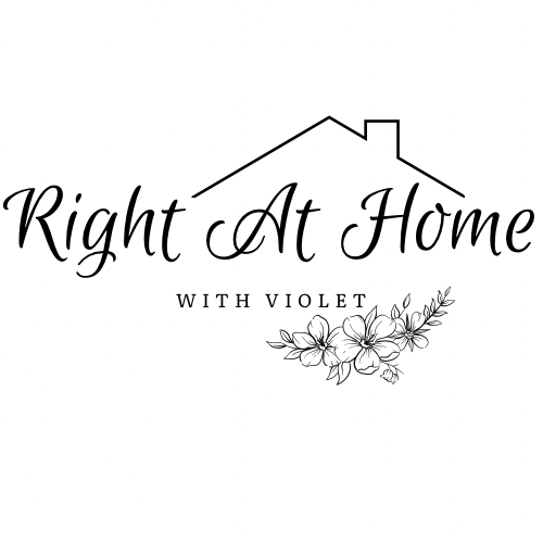 Logo with the text "Right At Home" in elegant script, underlined by a simple house roof design. Below, it says "With Violet" in smaller print. A floral illustration featuring leaves and flowers appears at the bottom.