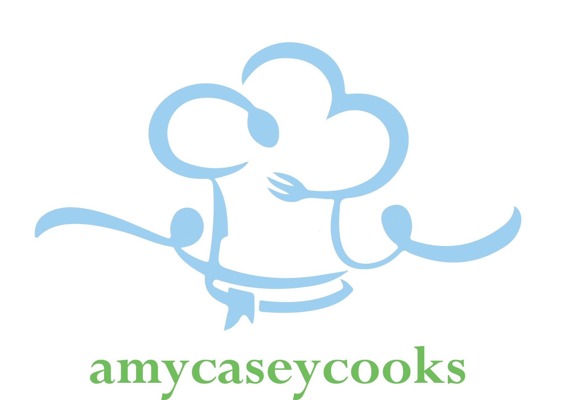 A stylized logo featuring a light blue chef's hat with abstract fork and spoon elements intertwined. Below the hat, "amycaseycooks" is written in green lowercase letters. The design has a clean and modern look.