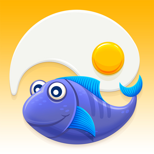 Illustration of a whimsical blue fish with large eyes and fins, in front of a stylized fried egg with a sunny-side-up yolk. The background is a gradient from orange to yellow, giving a playful and vibrant feel.