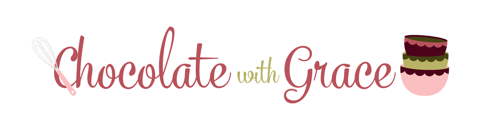 Text logo reading "Chocolate with Grace" in cursive, accompanied by a whisk on the left and a stack of decorative bowls on the right. The colors are primarily pink and green.
