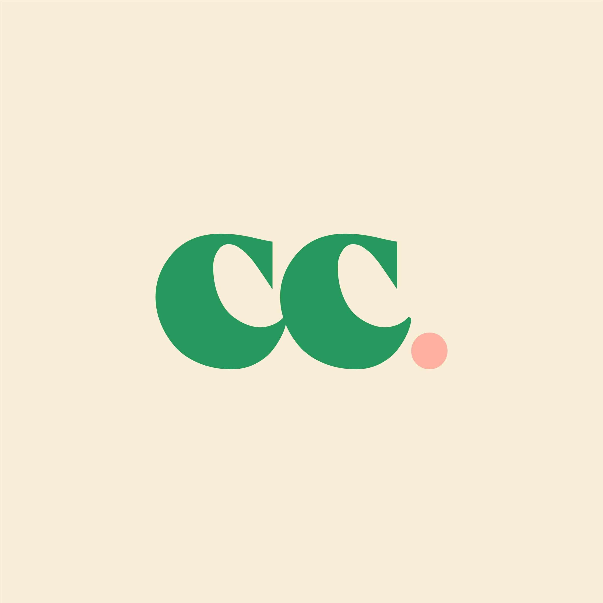 The image features the lowercase letters "cc" in green, followed by a small pink dot, all on a light beige background.