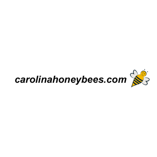 The image shows the text "carolinahoneybees.com" in black letters on a white background, accompanied by a small cartoon bee with a smiling face and orange-striped body on the right side.