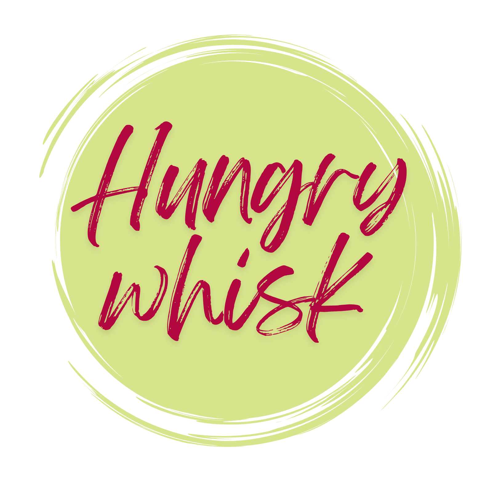 Text logo with "Hungry Whisk" in red, painted-style letters. The text is centered on a pale green circle, framed by a light, hand-drawn circular border. The overall design has an artistic, whimsical feel.
